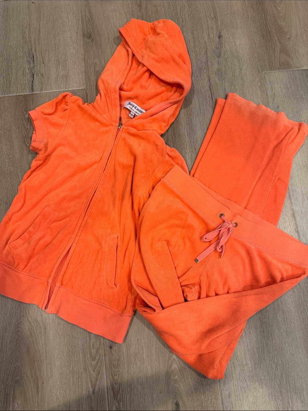 Juicy Couture Bright Orange Terry Jogger Pants with Hooded Short Sleeve Zip Top